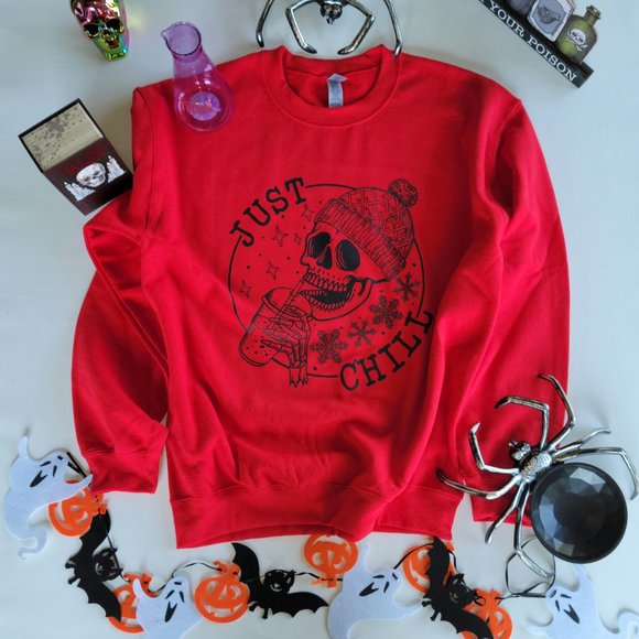 New Ready to Ship! Red Gildan brand Unisex Just Chill Skeleton Coffee - Picture 2 of 3